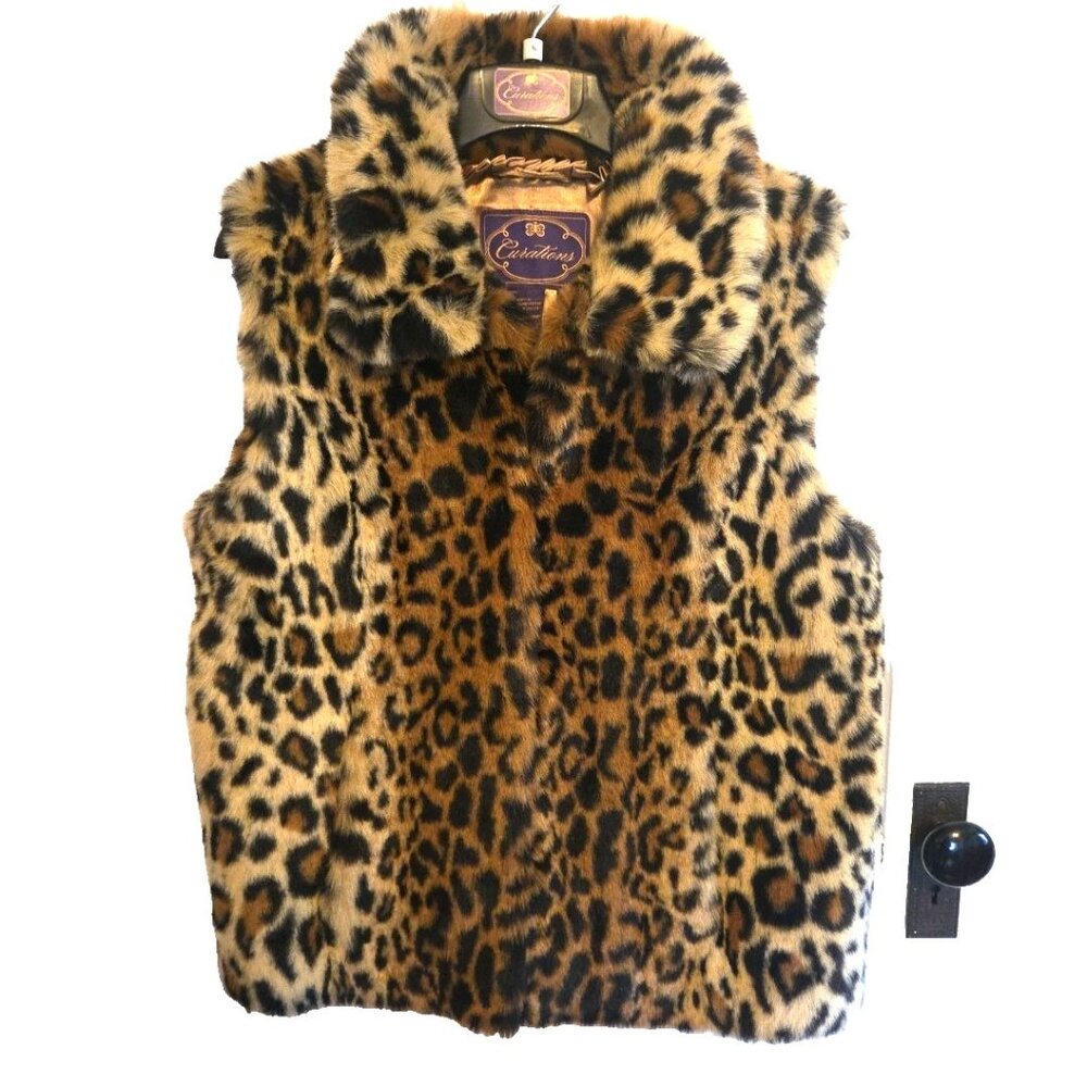 Leopard Animal Print Vest Faux Fur Size Medium by Curations Lined EUC w/ Hanger